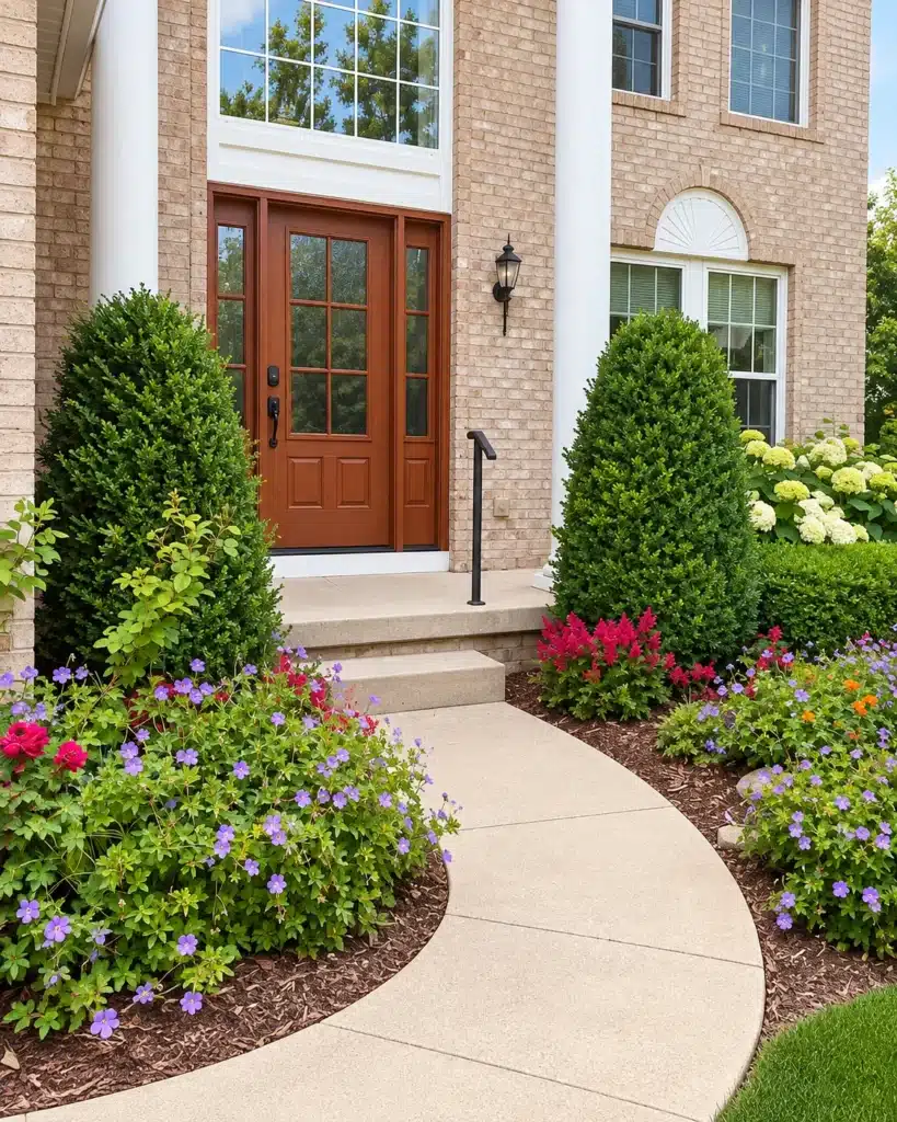 Rich wood-look entry door with decorative glass and sidelights on a brick home with landscaped front entrance.